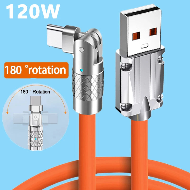 USB - TIPO C 180 Grados de Rotación, Cable de carga de datos 120w, Carga super rápida.