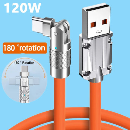 USB - TIPO C 180 Grados de Rotación, Cable de carga de datos 120w, Carga super rápida.