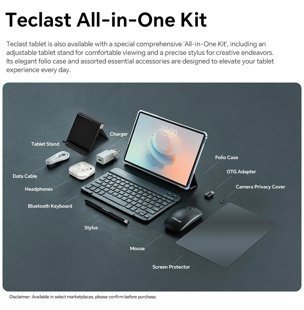 Tableta Teclast P30T Android 15 de 10,1" IPS, hasta 12 GB de RAM, 128 GB de ROM, procesador T606 de 8 núcleos, batería de 6000 mAh, teclado, funda, ratón, lápiz óptico, auriculares y soporte.