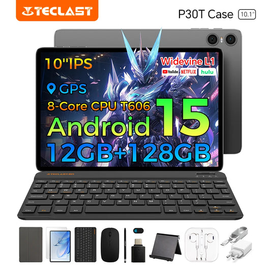 Tableta Teclast P30T Android 15 de 10,1" IPS, hasta 12 GB de RAM, 128 GB de ROM, procesador T606 de 8 núcleos, batería de 6000 mAh, teclado, funda, ratón, lápiz óptico, auriculares y soporte.
