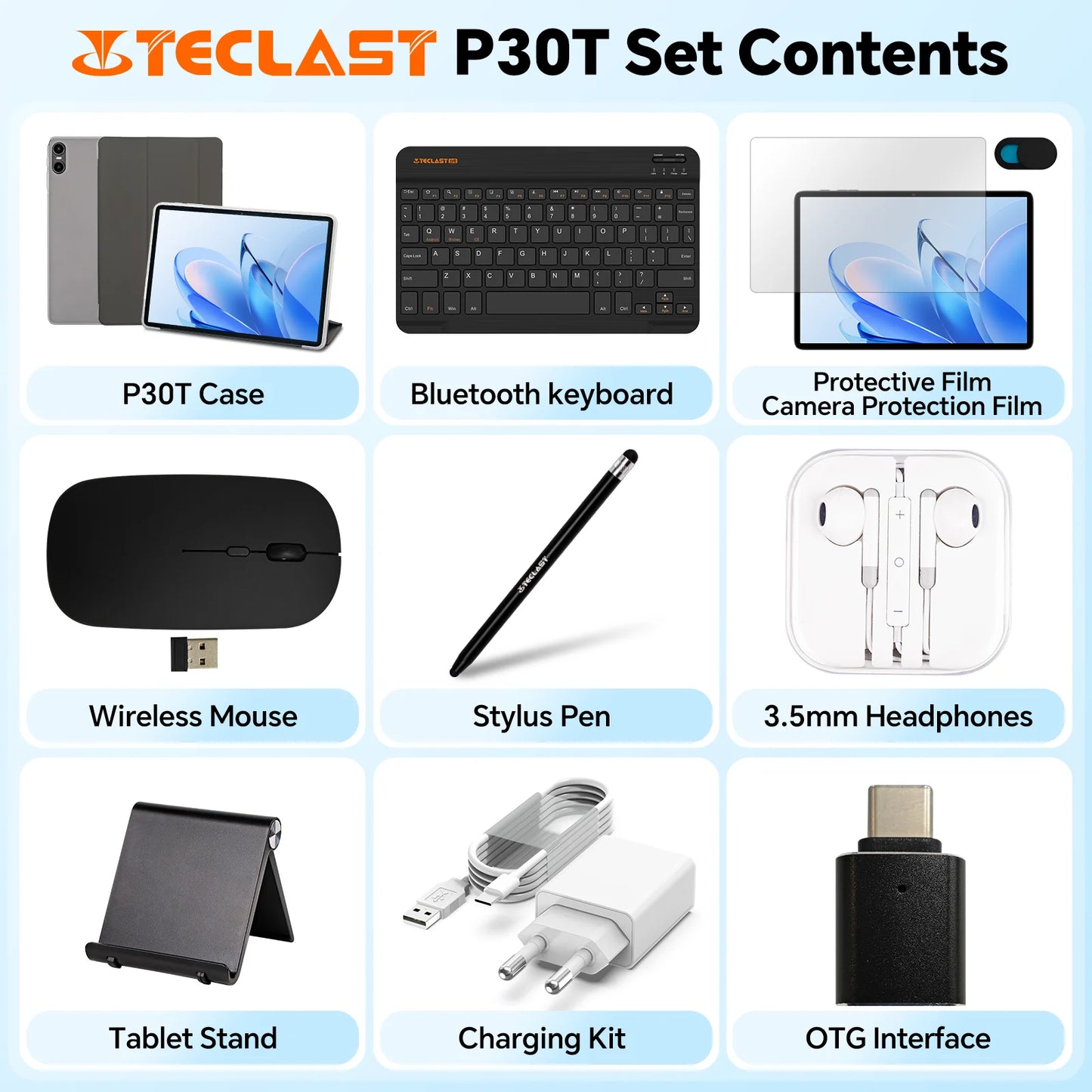 Tableta Teclast P30T Android 15 de 10,1" IPS, hasta 12 GB de RAM, 128 GB de ROM, procesador T606 de 8 núcleos, batería de 6000 mAh, teclado, funda, ratón, lápiz óptico, auriculares y soporte.