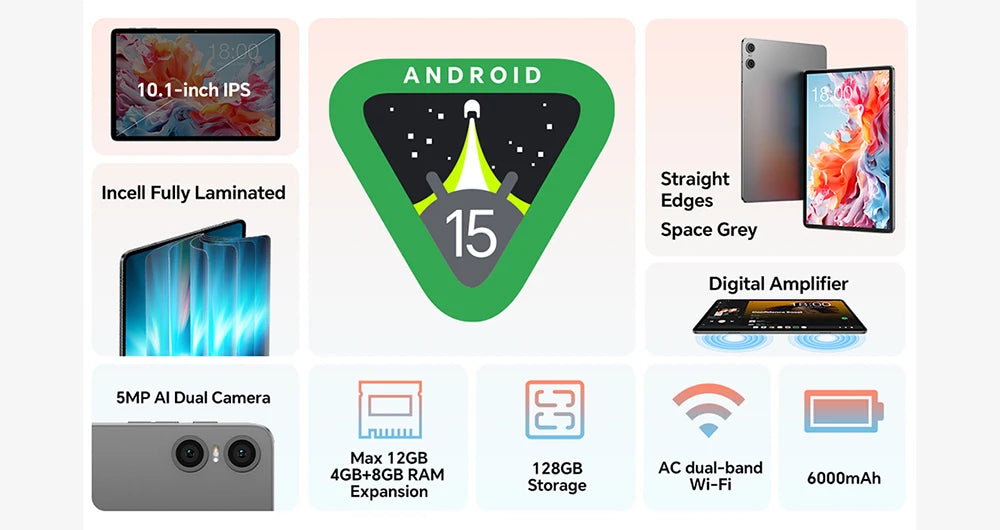 Tableta Teclast P30T Android 15 de 10,1" IPS, hasta 12 GB de RAM, 128 GB de ROM, procesador T606 de 8 núcleos, batería de 6000 mAh, teclado, funda, ratón, lápiz óptico, auriculares y soporte.